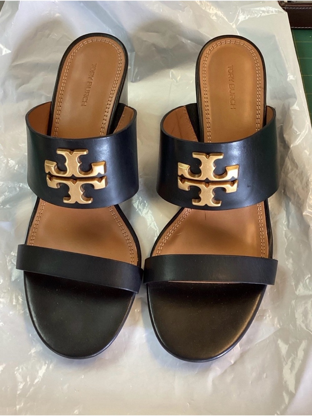 Tory Burch Black Leather Slide Sandals with Gold Logo
